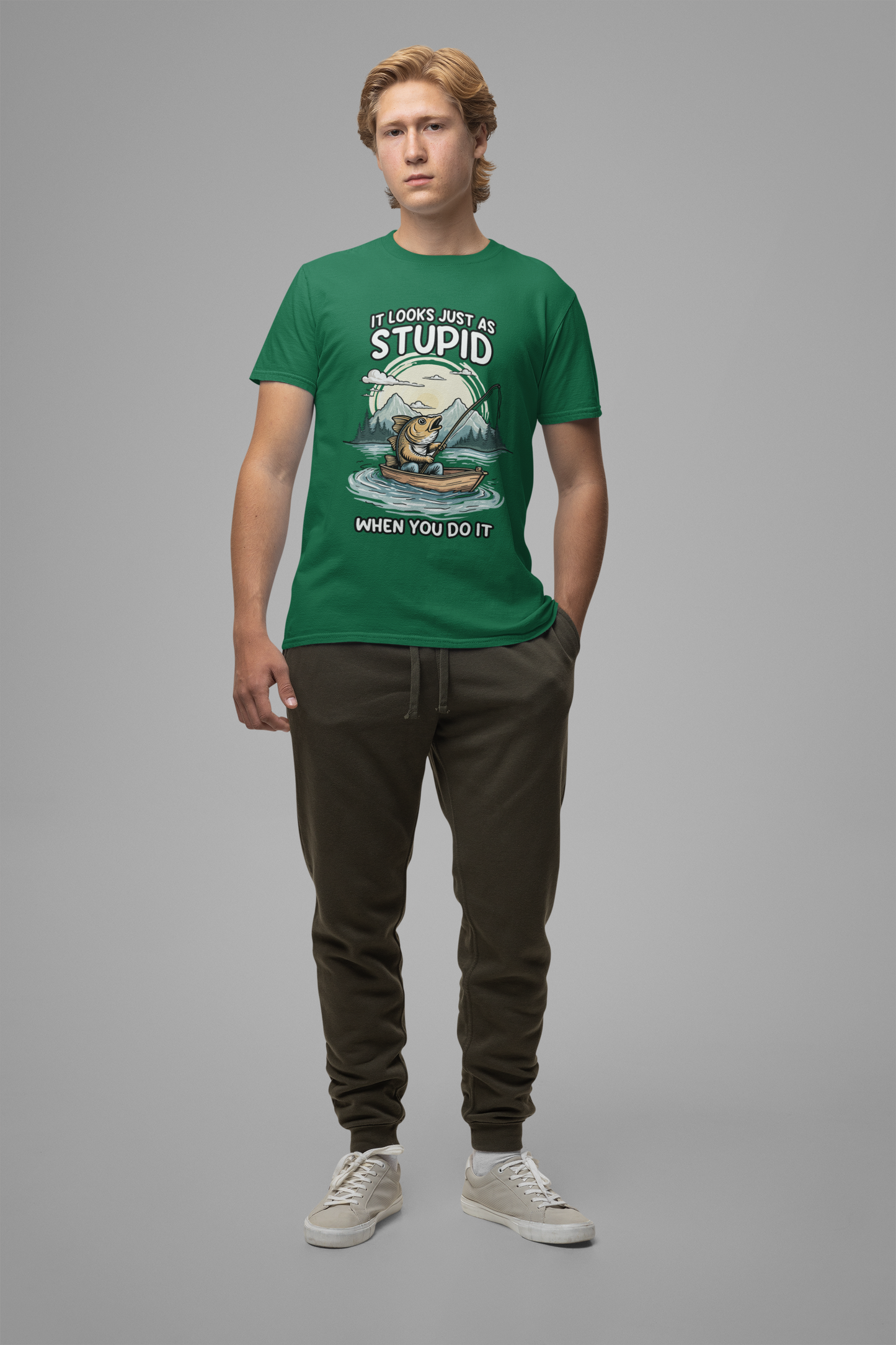 It Looks Just as Stupid When You Do It Tshirt – Big Fish Fishing in Boat with Mountain Landscape