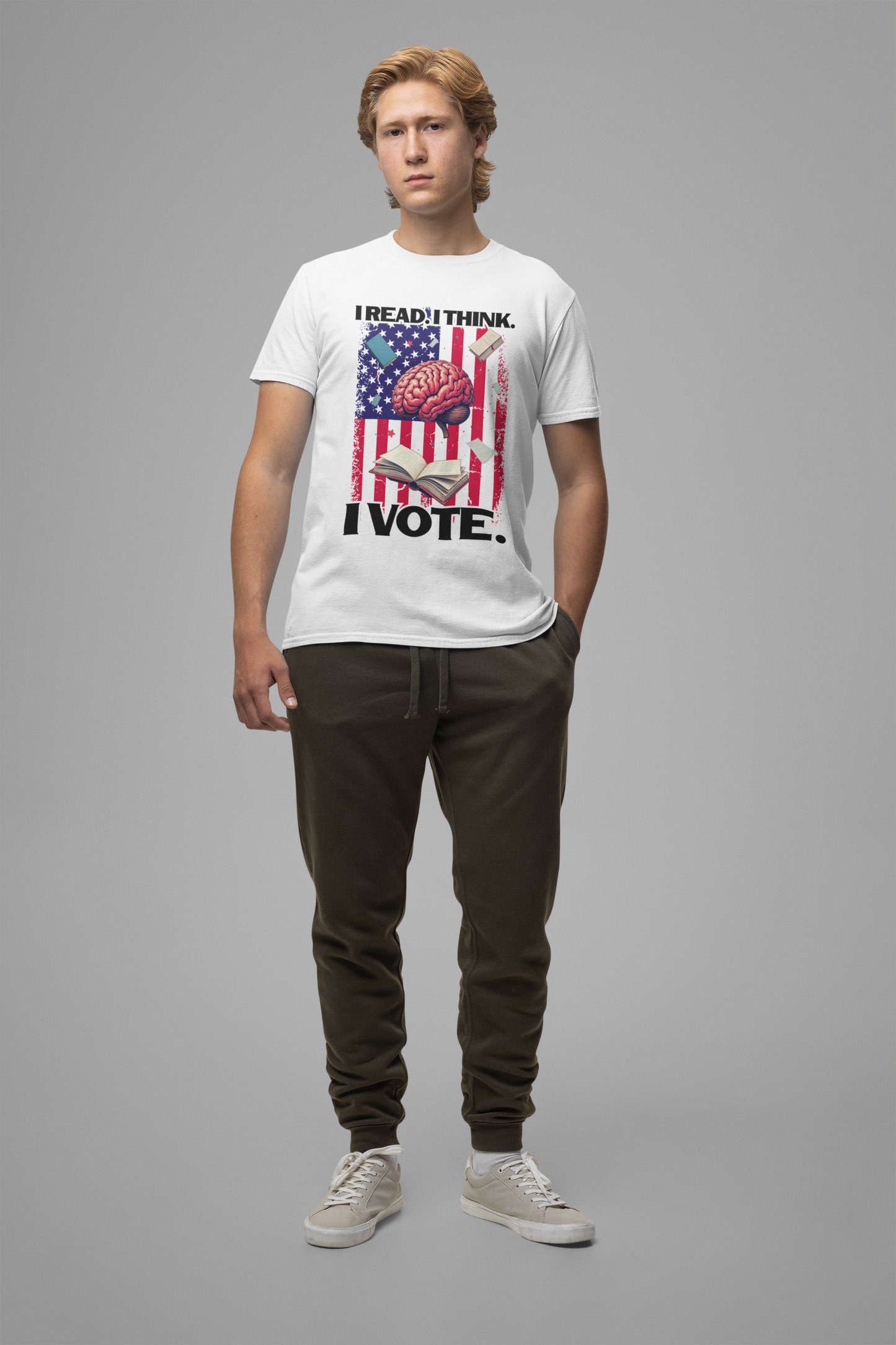 I READ I THINK I VOTE - Flag, Books & Brain Graphic T-Shirt