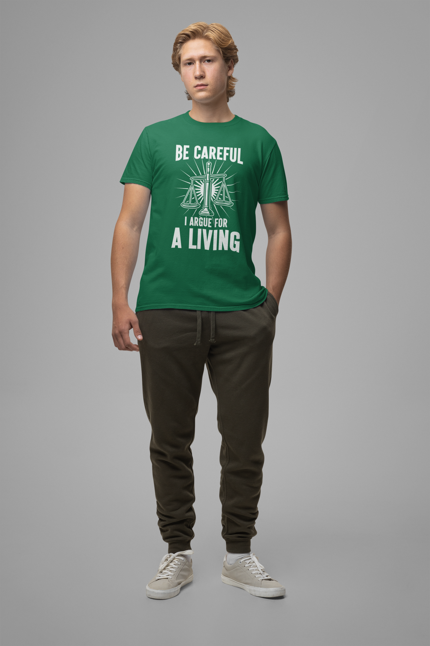 Be Careful I Argue For a Living T-Shirt – Lawyer Balance Scale and Flashlight Graphic Tee