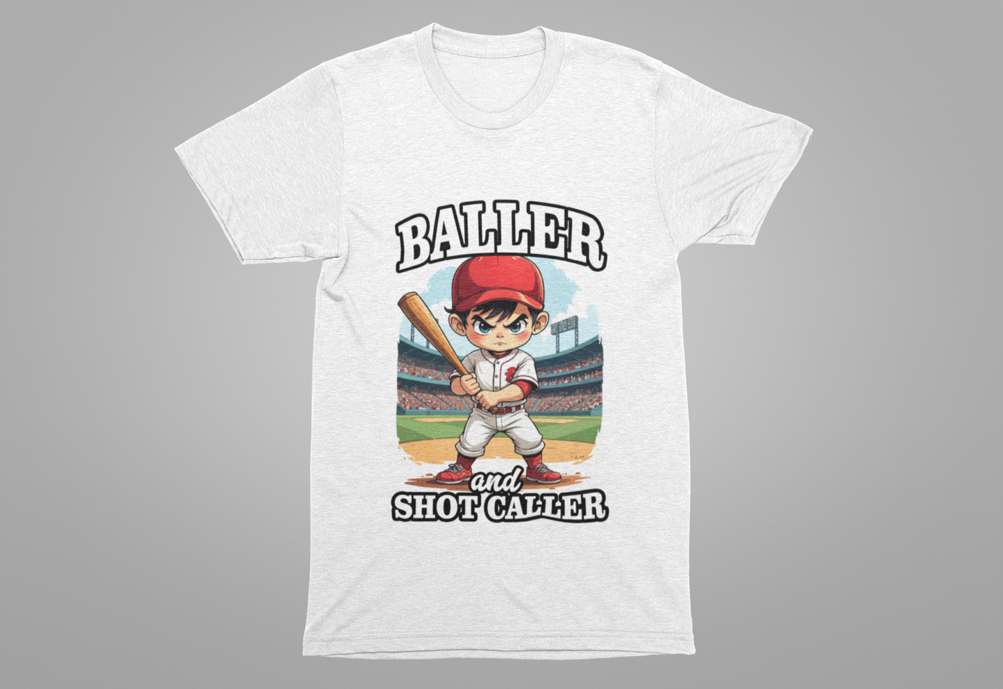 Baller And Short Caller Tshirt young baseball player standing confidently on the pitch