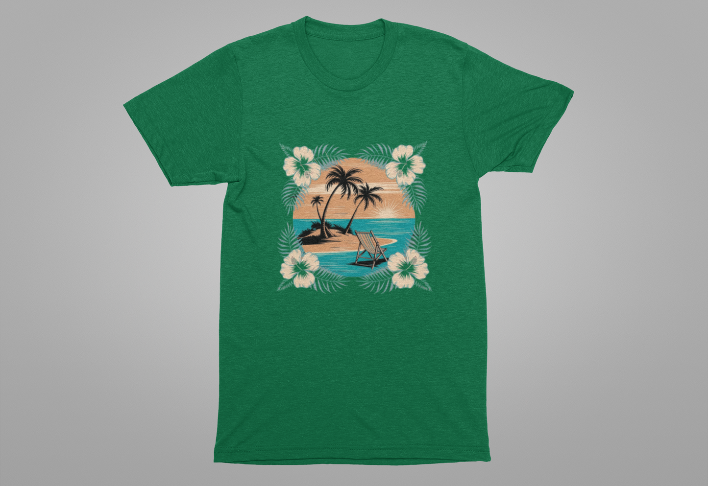 Tropical Escape – Beach Island Sunset with Floral Border Graphic T-Shirt