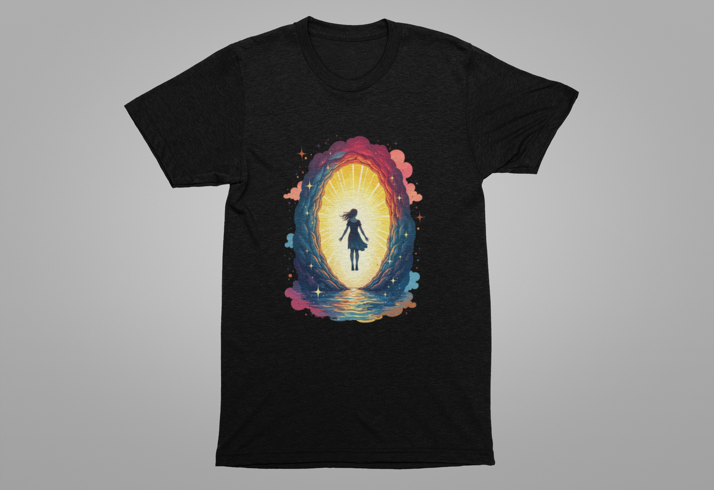Interdimensional Chill – Floating Woman in Cosmic Portal Graphic T-Shirt