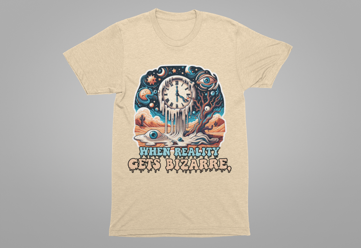 When Reality Becomes Bizarre Tshirt – Surreal Melting Sky, Clocks, and Desert Landscape