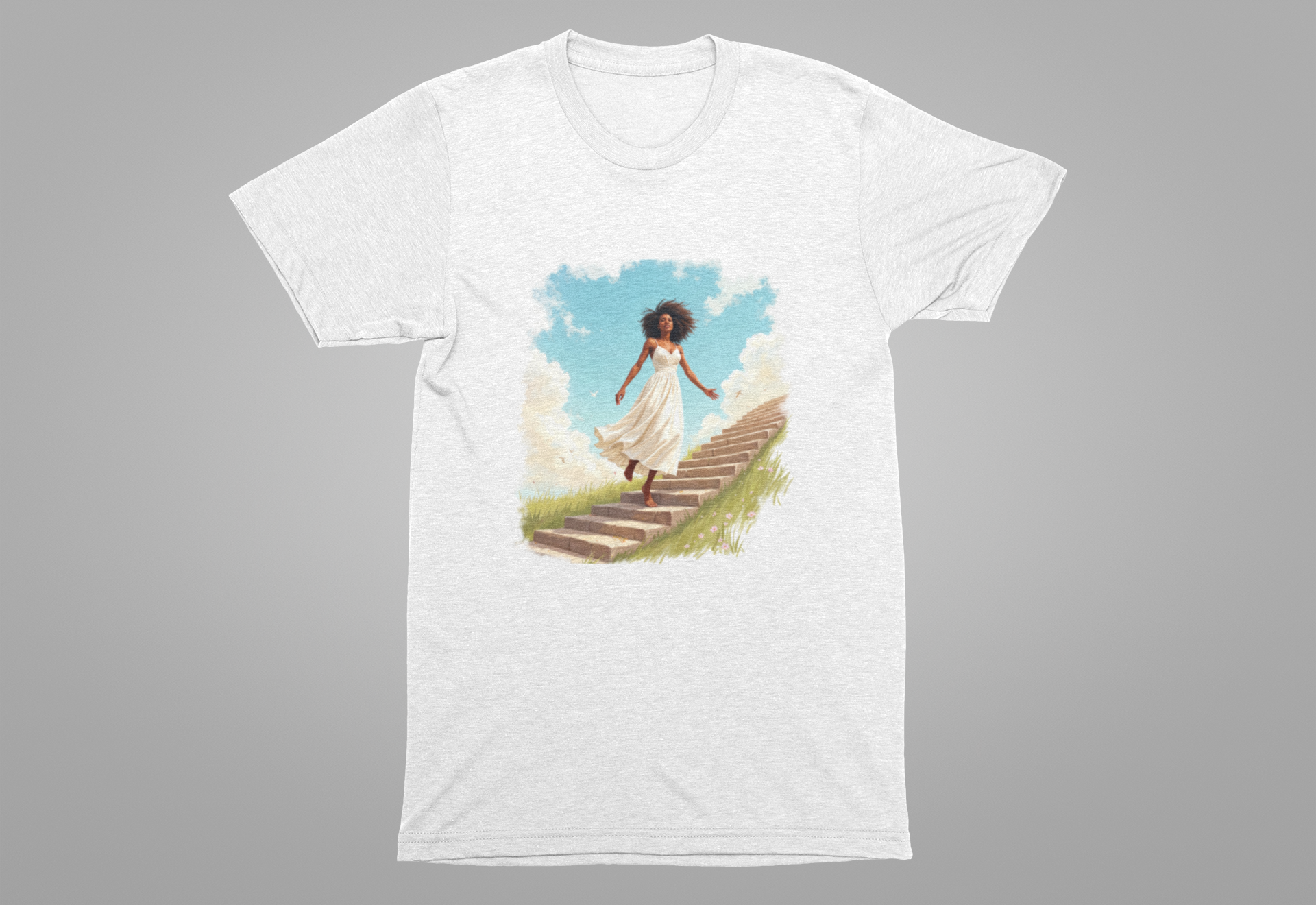 Graceful Woman in White Dress Walking on Stairs – Blue Sky & Green Ground Graphic T-Shirt