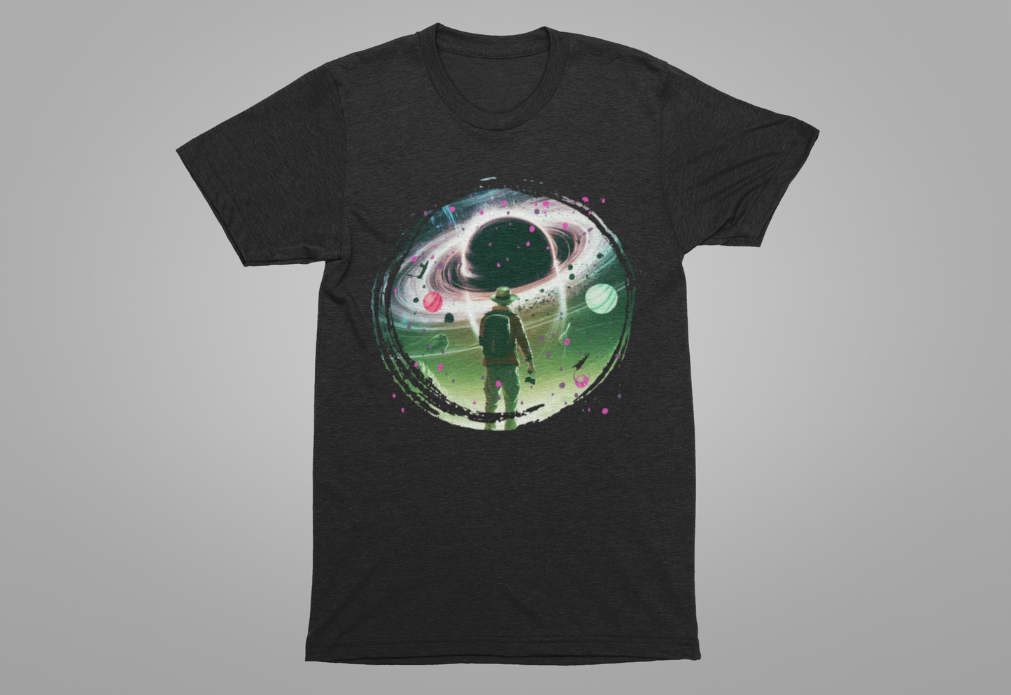 Shocked Traveler & Dramatic Planets | Backpacker Gazing at Planets Graphic T-Shirt