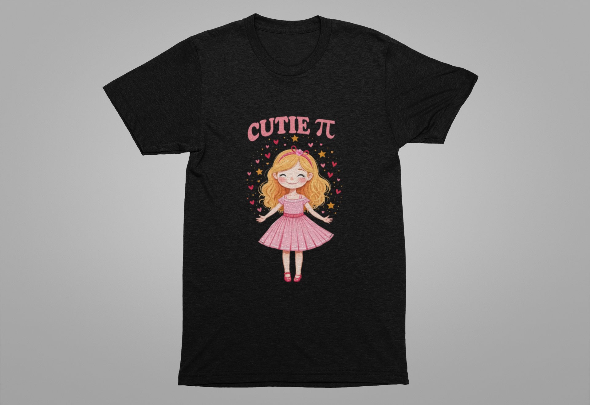 Cutie Pi Tshirt – Happy Girl with Pi Symbol, Hearts, and Stars Graphic