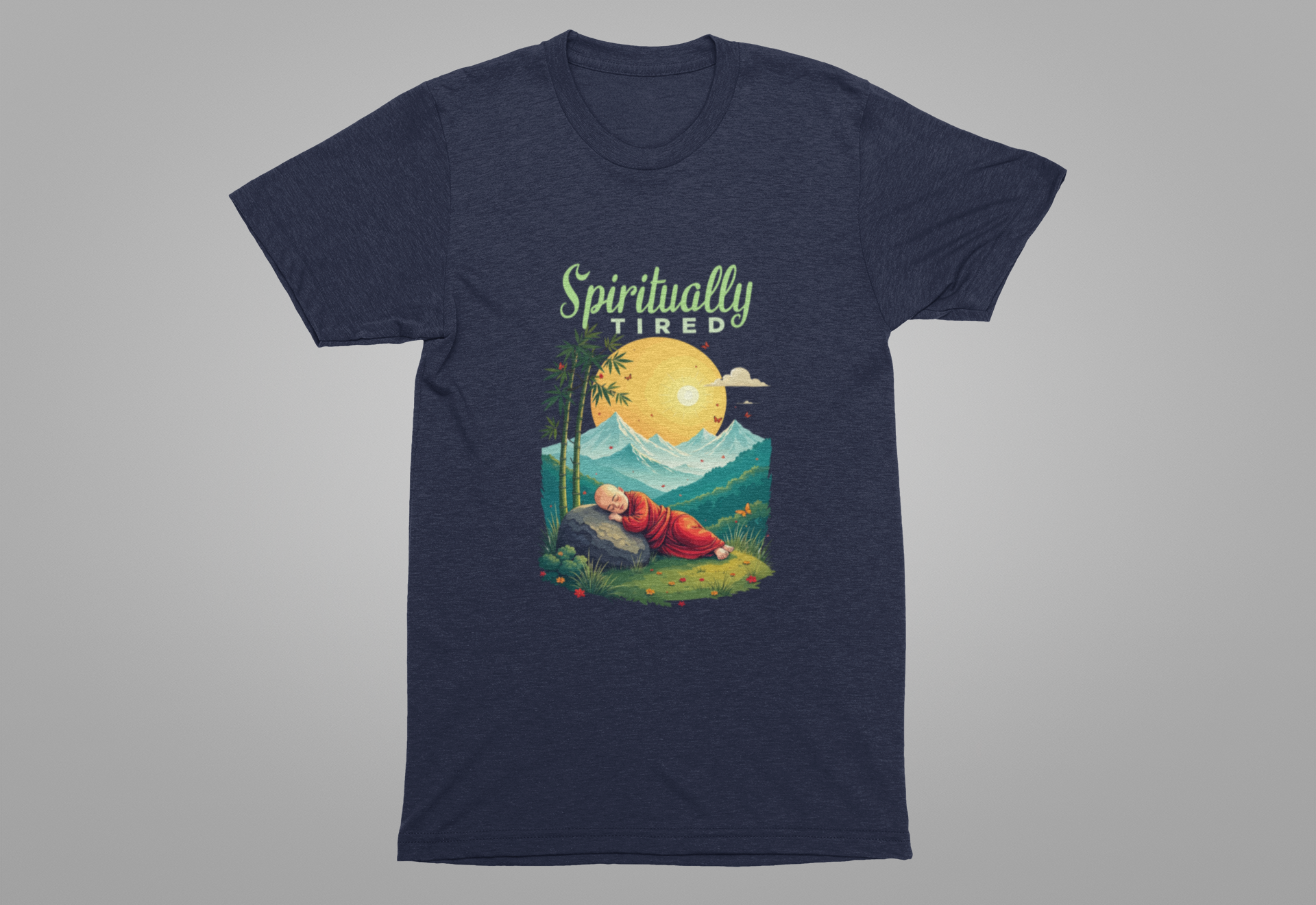 Spiritually Tired – Sleeping Monk Boy in Sunrise Nature Graphic T-Shirt