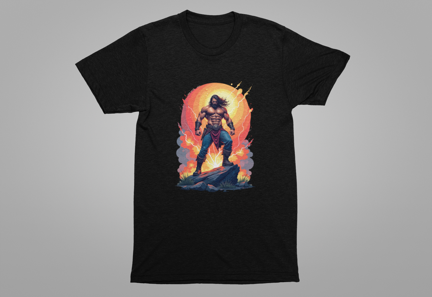 Power Unleashed – Strong Man on Rock with Lightning, Smoke & Fire Splash Graphic T-Shirt