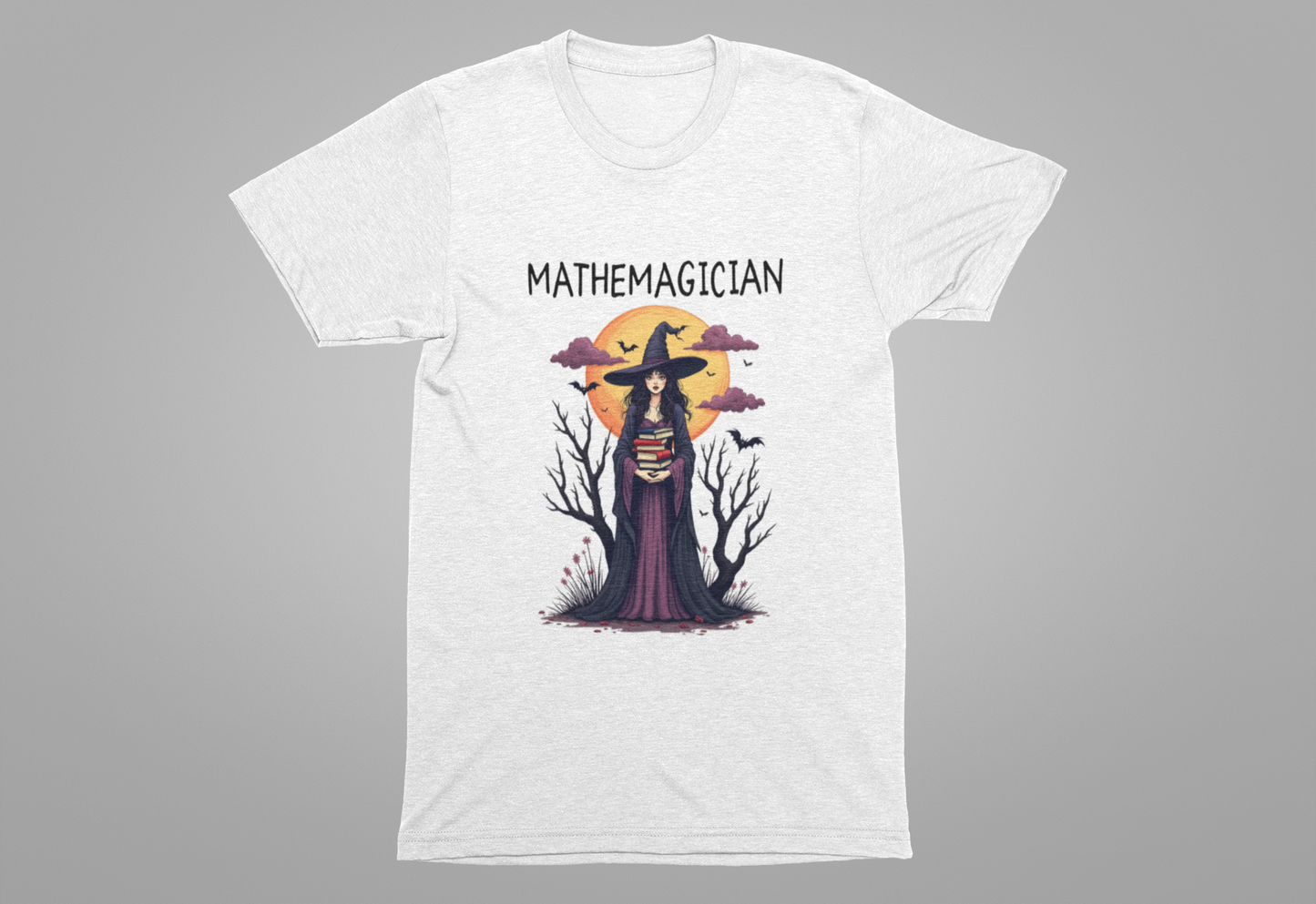 Enchanted Math Magician Tee – Witch with Books and Bats