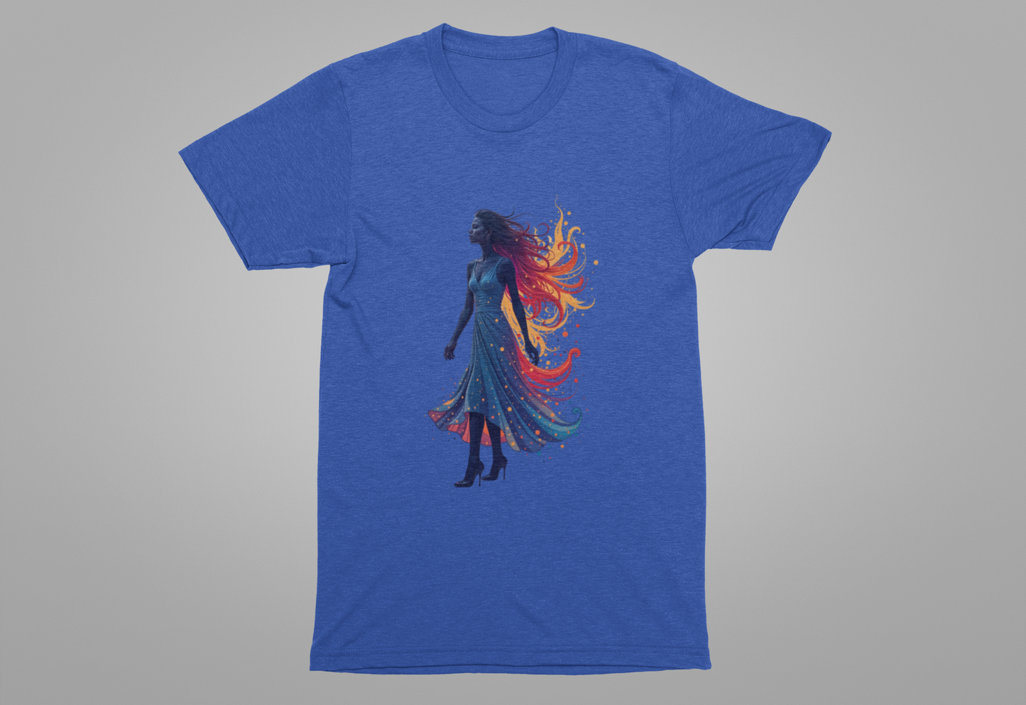 Graceful Woman with Swirling Autumn Aura – Abstract Colorful Swirl Graphic T-Shirt