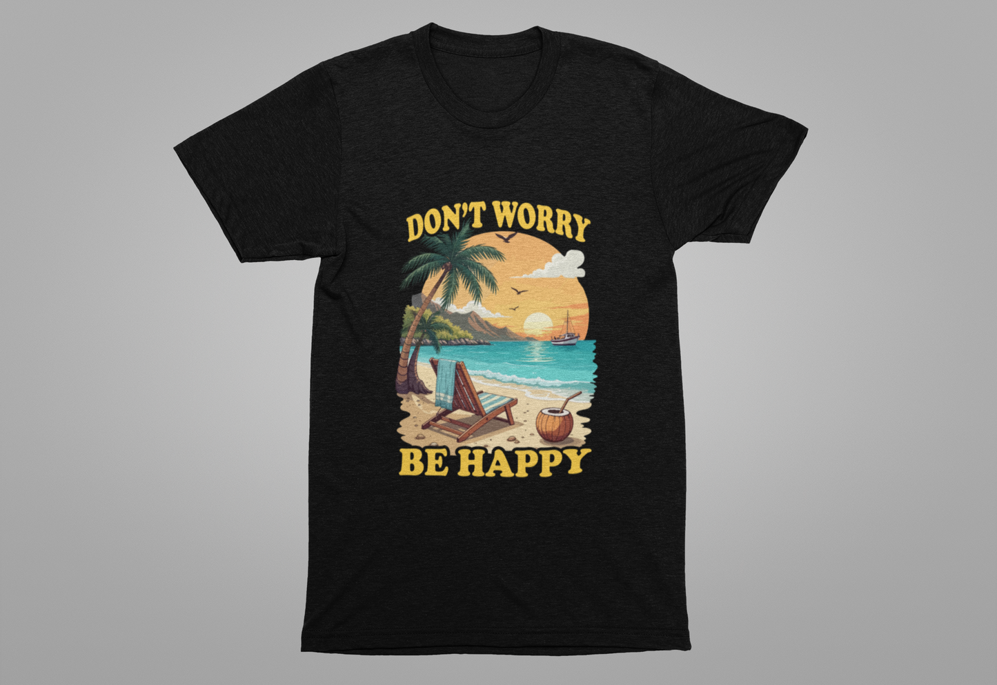 Don’t Worry Be Happy T-Shirt – Retro Beach Sunset Graphic Tee