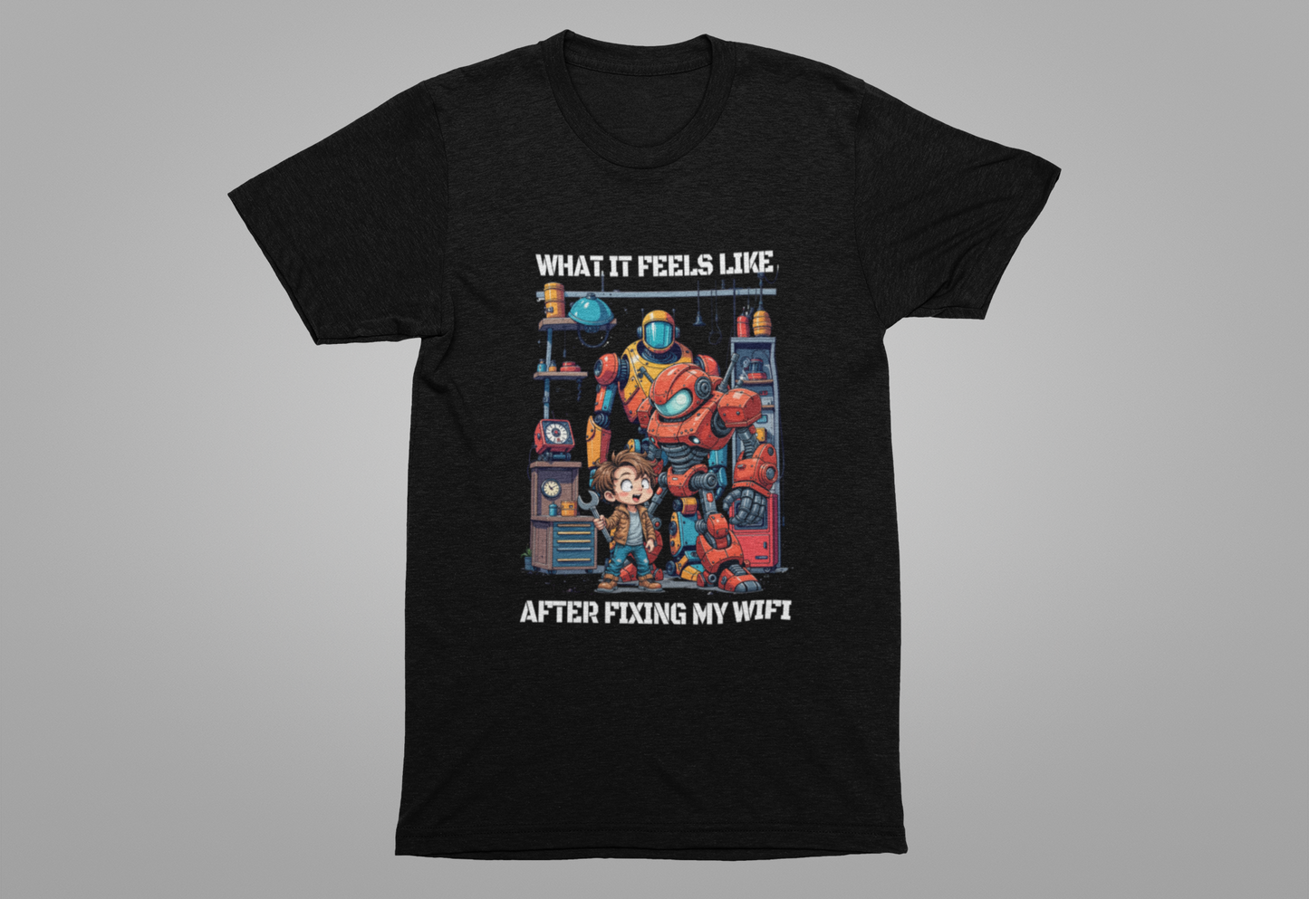 What It Feels Like After Fixing My WIFI – Joyful Boy with Tools Graphic T-Shirt