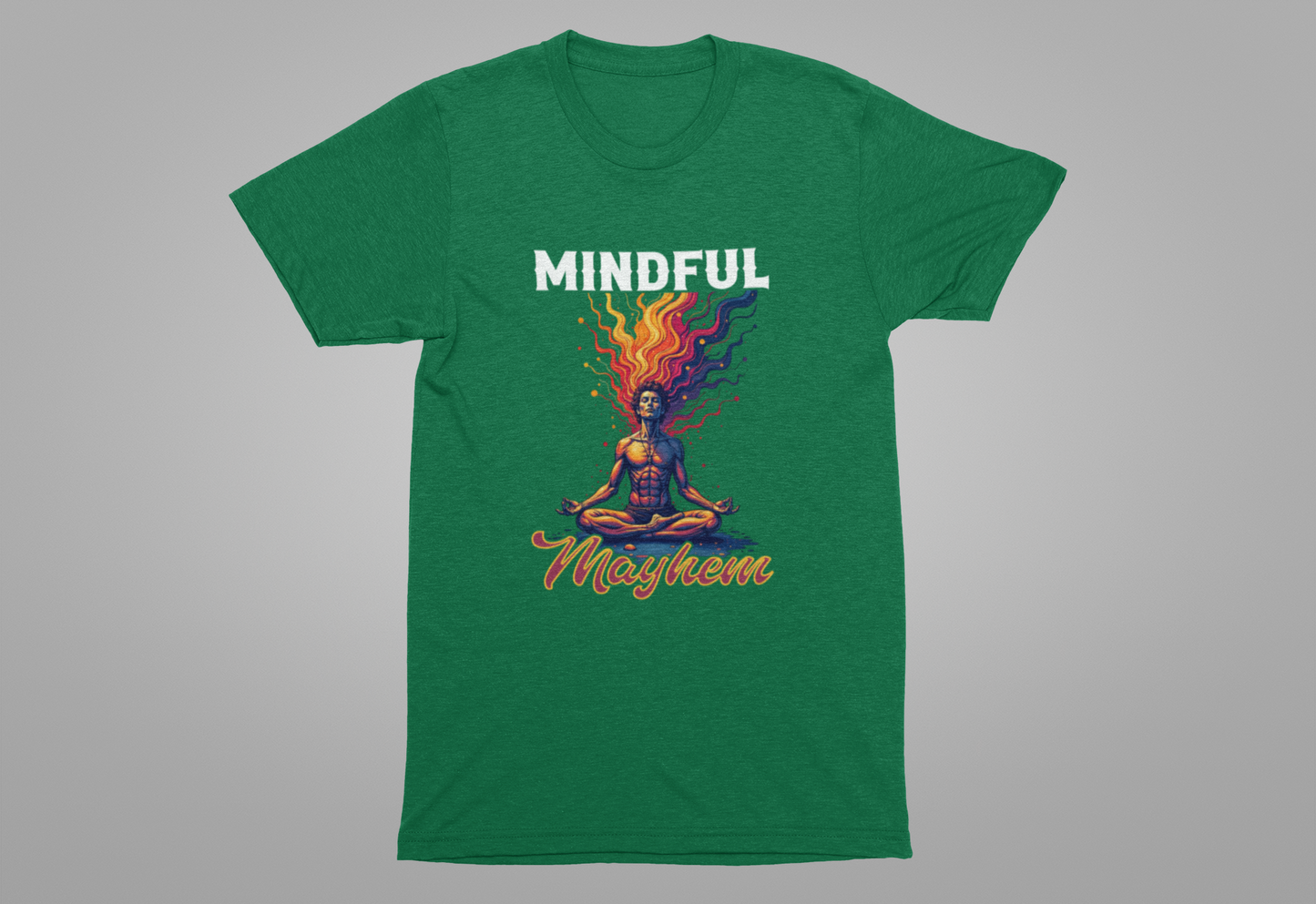 Mindful Mayhem – Meditating Man with Rising Flames Graphic T-Shirt