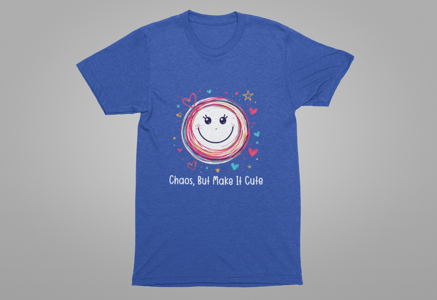 Chaos, But Make It Cute – Colorful Scribbled Circles with Smiley, Hearts & Stars Graphic T-Shirt