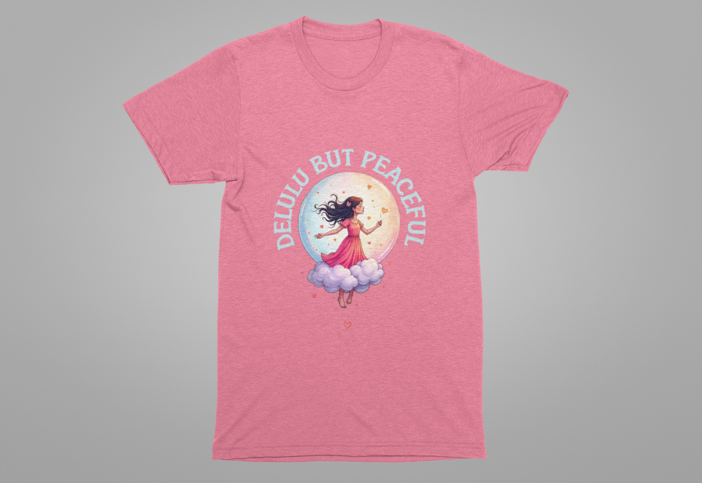 Delulu But Peaceful – Blissfully Unrealistic Floating Girl with Moon & Hearts Graphic T-Shirt