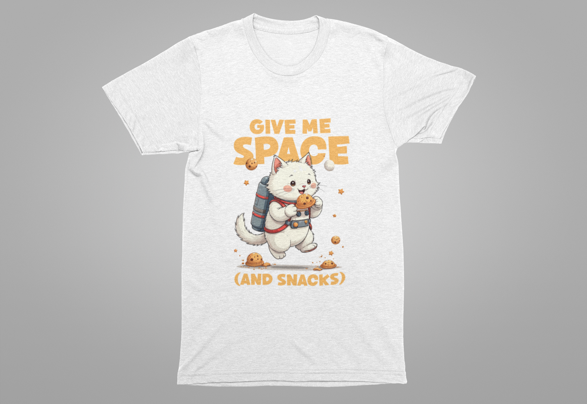 Give Me Space (and Snacks) – Jetpack Cat Walking with Snacks Funny Graphic T-Shirt
