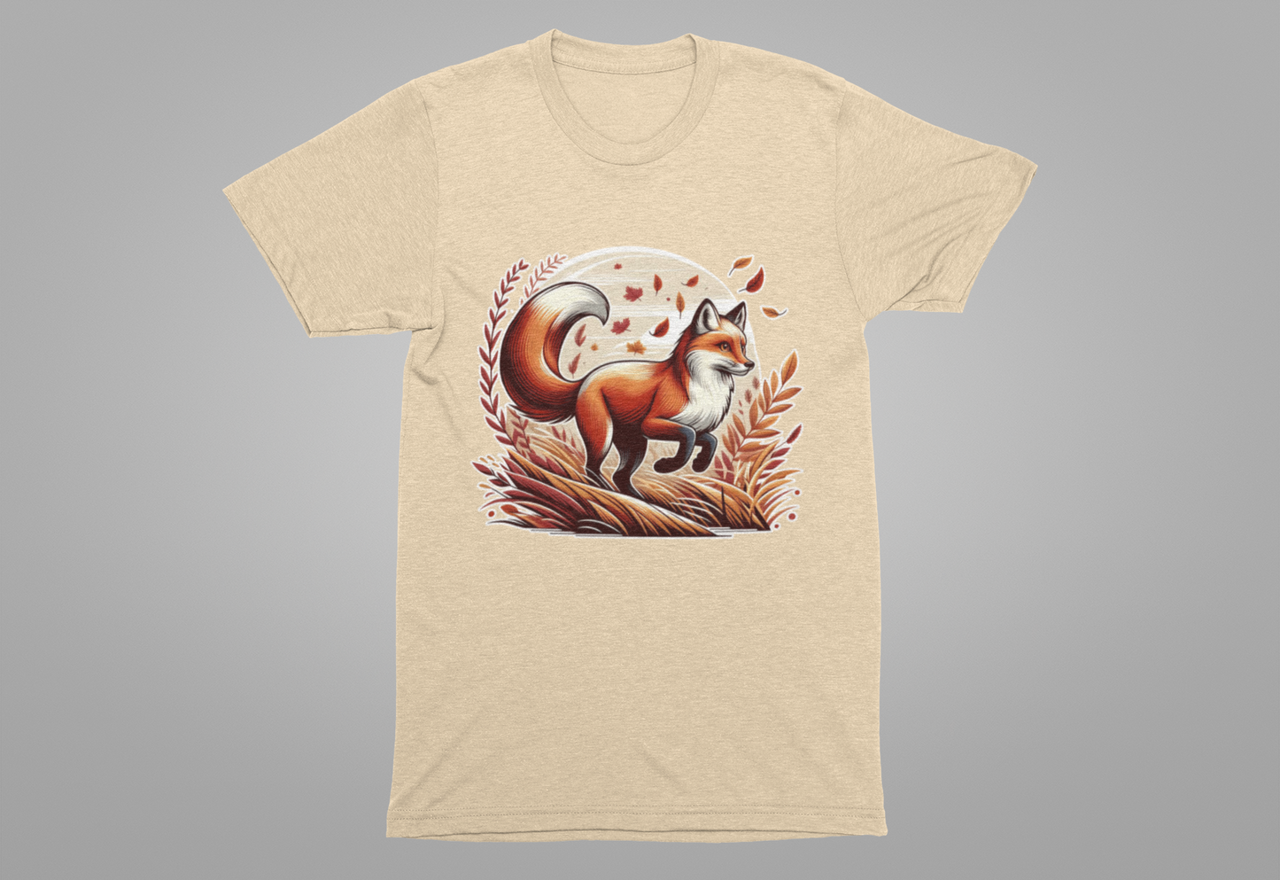 Grace and Agility - Elegant Fox Leaping in Grain Field with Flying Leaves Graphic T-Shirt