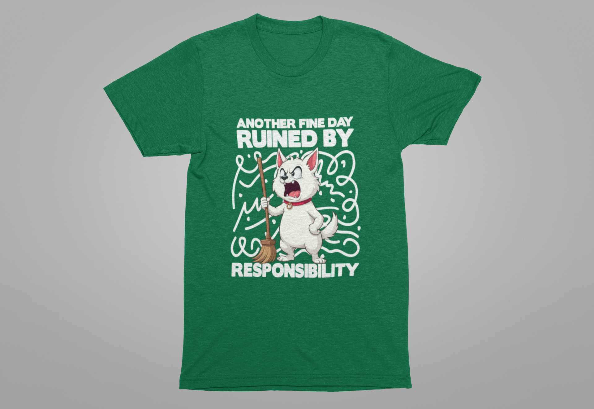 Another Fine Day Ruined By Responsibility T-Shirt – Angry Cat with Broom Graphic Tee