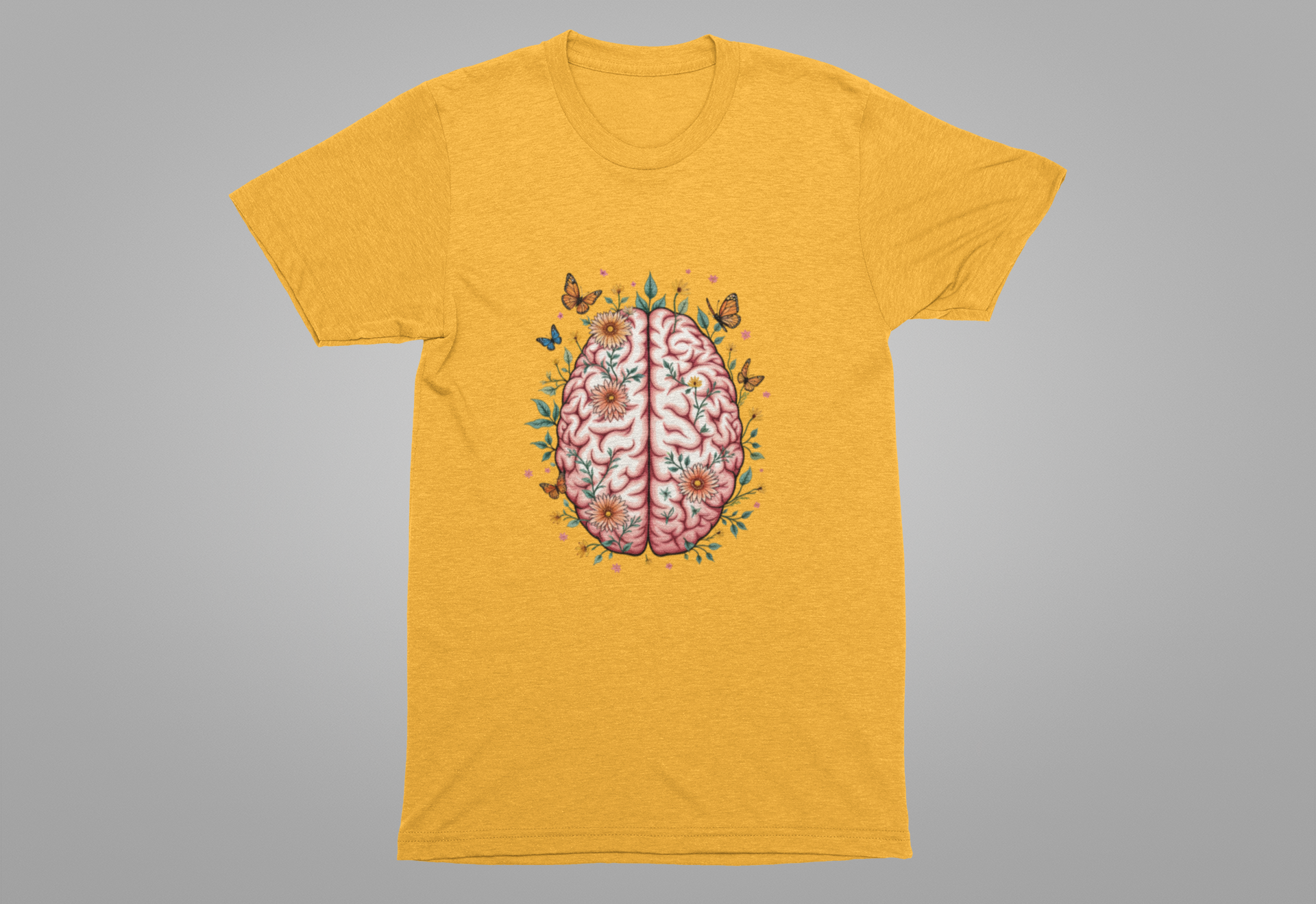 Human Brain with Flowers and Butterflies Tshirt – Artistic Floral Brain Graphic