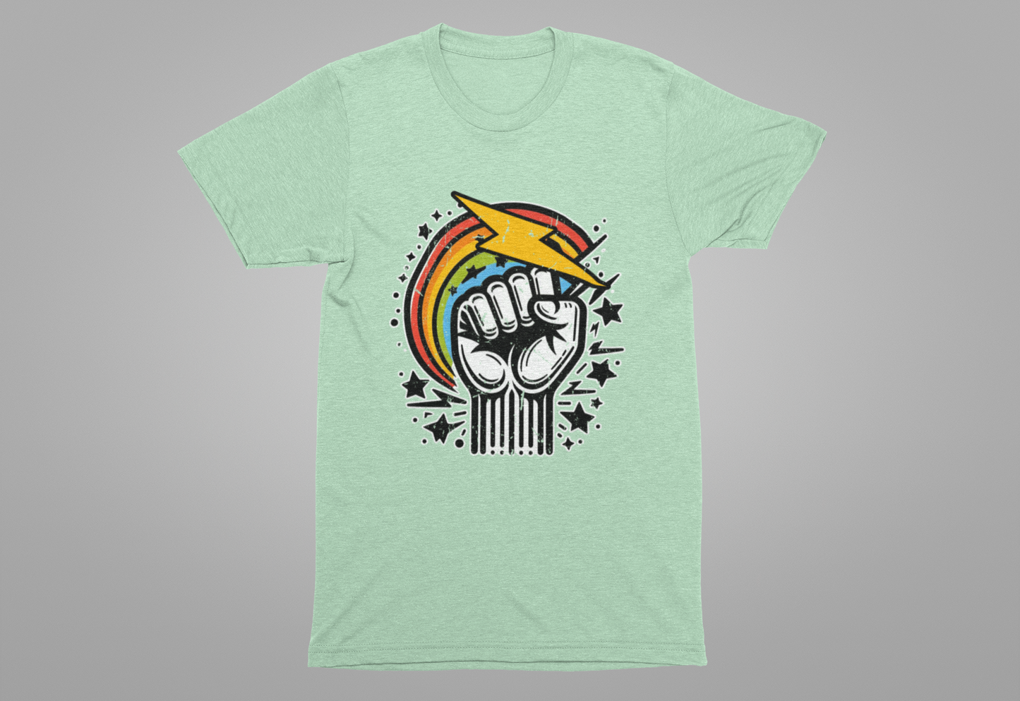 Rainbow Power & Pride – Raised Fist with Lightning Bolt and Rainbow Graphic T-Shirt