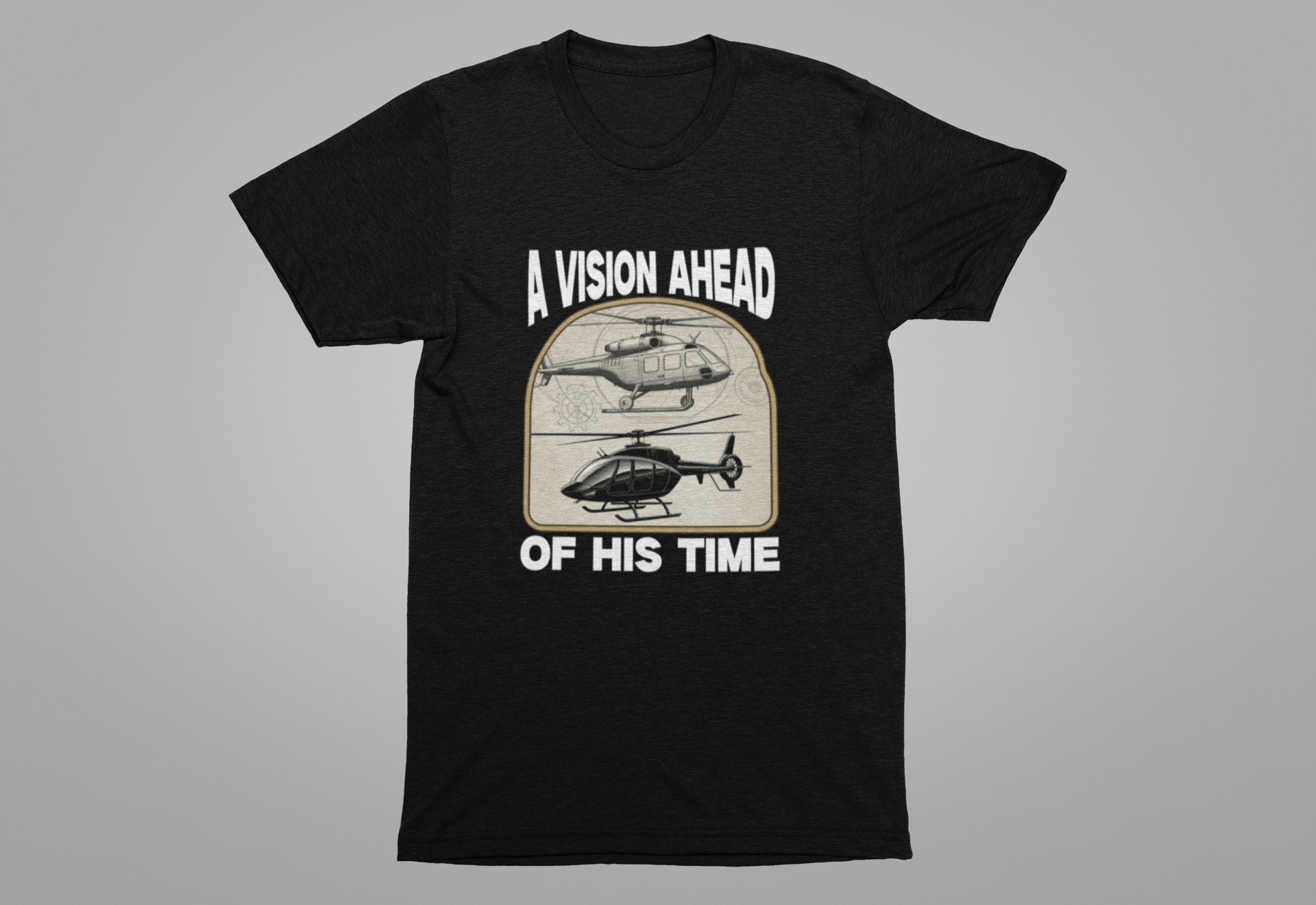 A Vision Ahead of His Time Tshirt – Da Vinci’s Helicopter and Modern Chopper Graphic