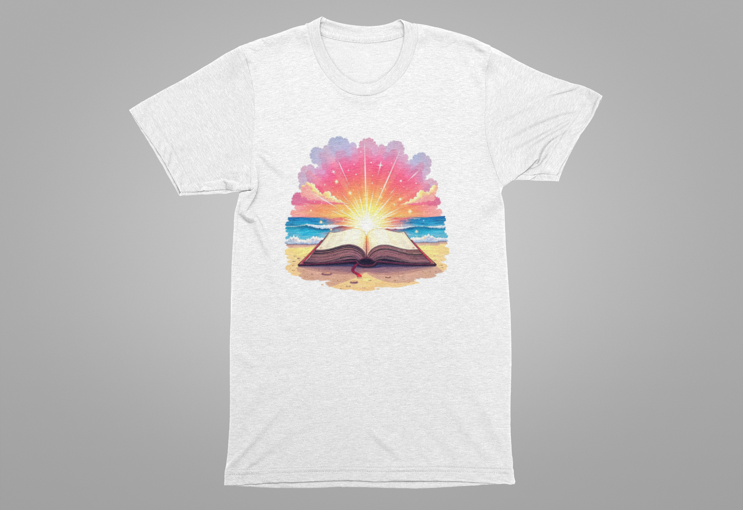 Magical Open Book on Beach with Radiant Flashlight Graphic T-Shirt