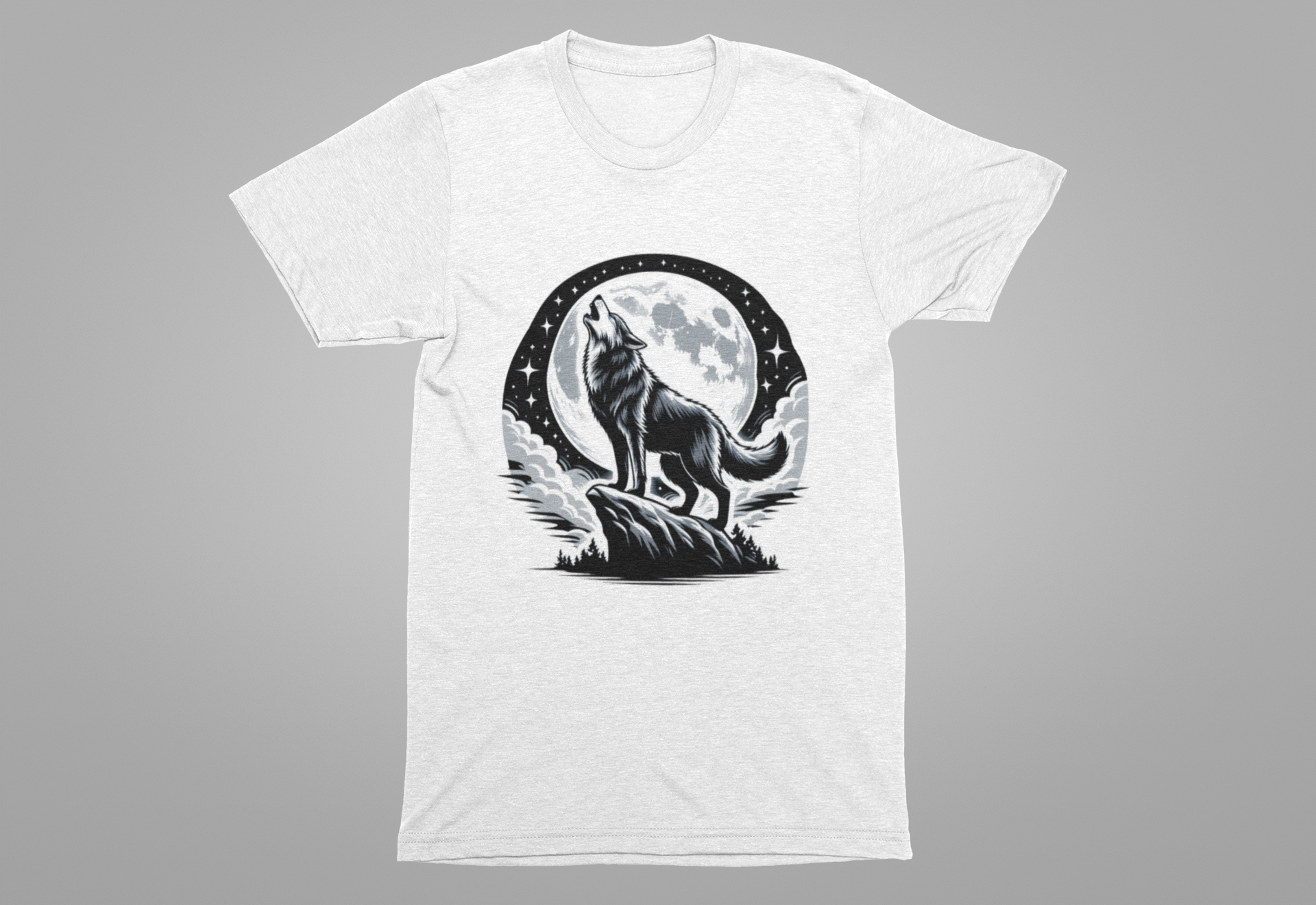Mystical and Wild - Wolf Howling on Mountain Edge with Full Moon and Stars Graphic T-Shirt