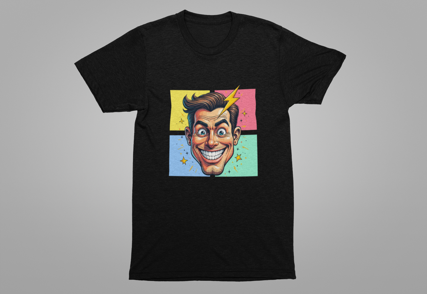 Funny Man’s Face with Lightning Forehead and Colorful Quadrant Stars Emotions Graphic T-Shirt
