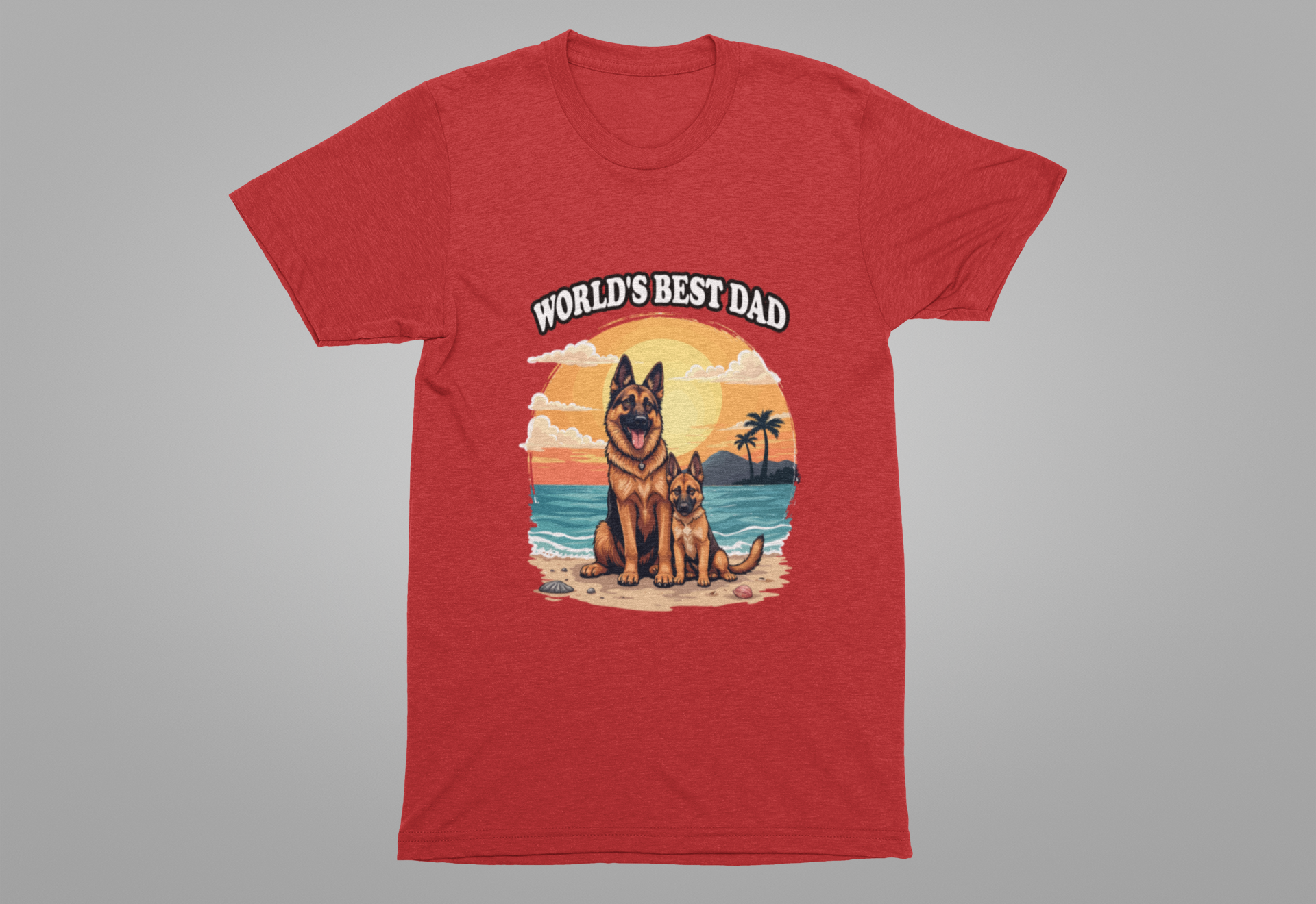 Worlds Best Dad Tshirt German Shepherd Dog Father and Puppy Beach Sunset Design