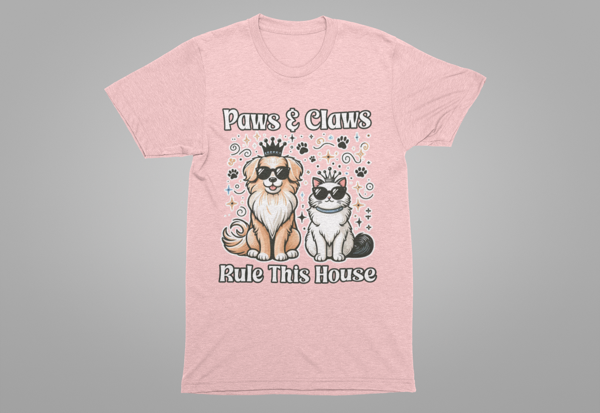 Paws and Claws Rule the House | Smiling Dog & Cat with Paw Shapes T-Shirt