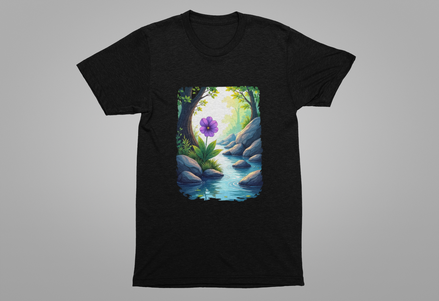 Tranquil Flower Creek T-Shirt – Nature Art Graphic Tee