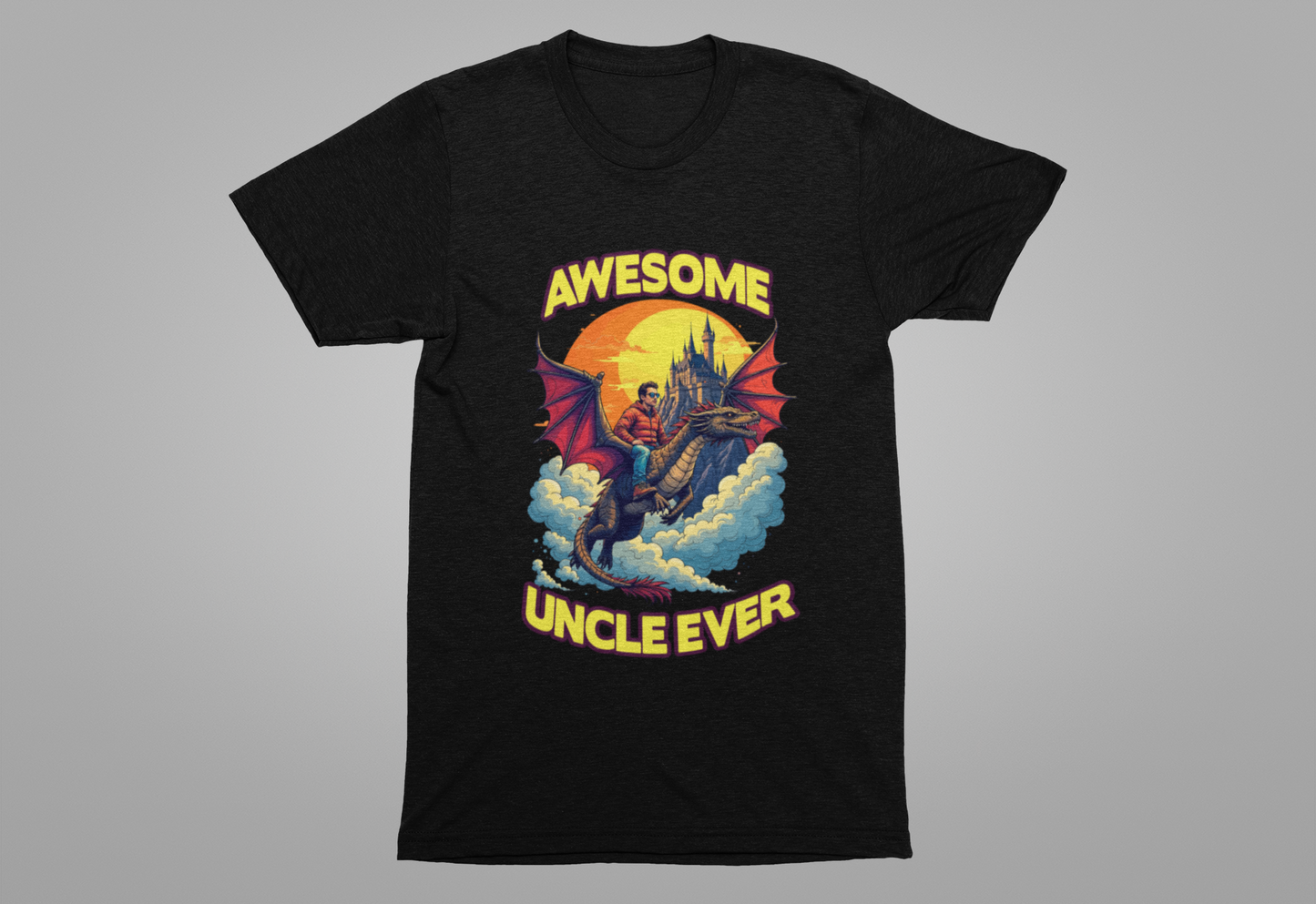 Awesome Uncle Ever Tshirt Man Riding Large Dragon Flying in Clouds with Castle in background