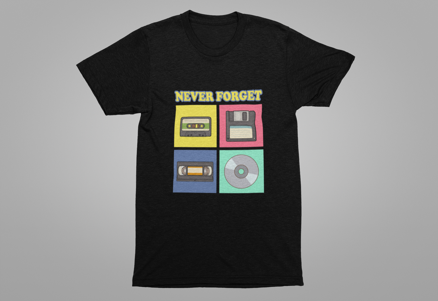 Never Forget Retro Media Tshirt Floppy Disk Cassette Tape Recorder CD Graphic