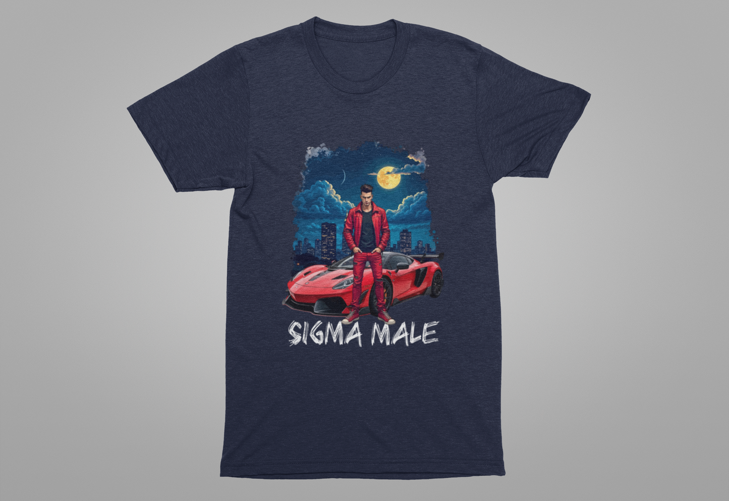 SIGMA MALE – Man in Red Jacket with Racing Car and Full Moon Graphic T-Shirt