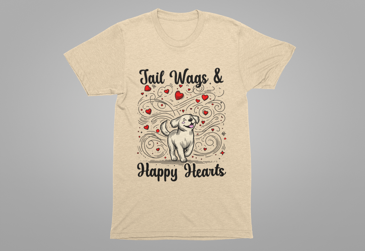 Tail Wags Happy Hearts | Smiling Puppy Walking with Flying Heart Emotions T-Shirt