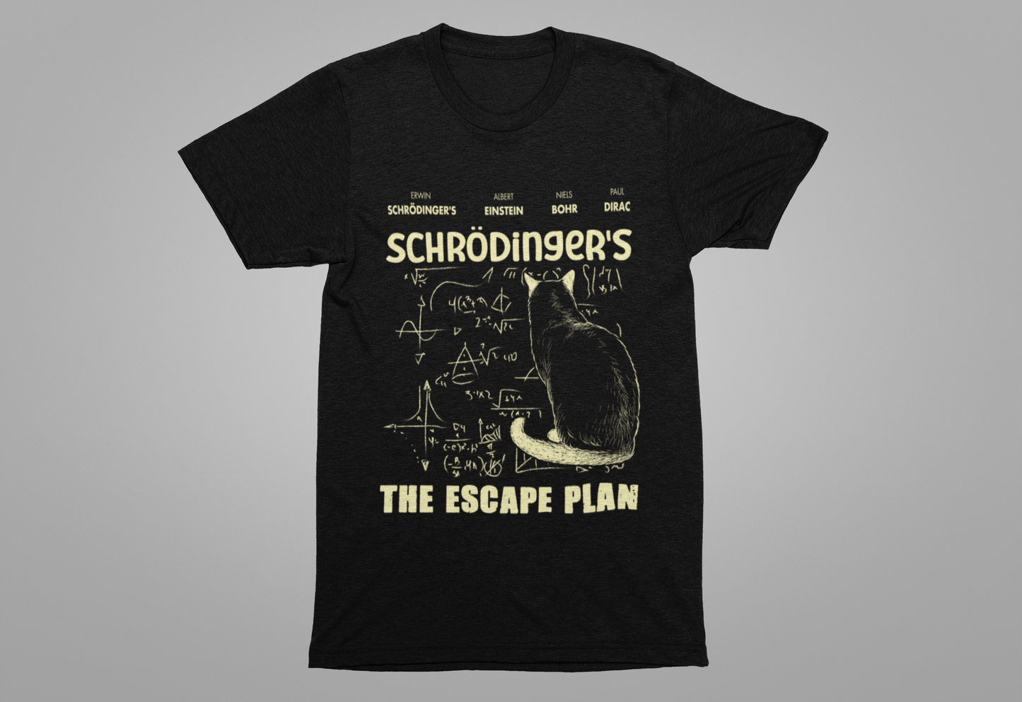 Physics Cat T-Shirt – Schrödinger’s Escape Plan Math Graphic