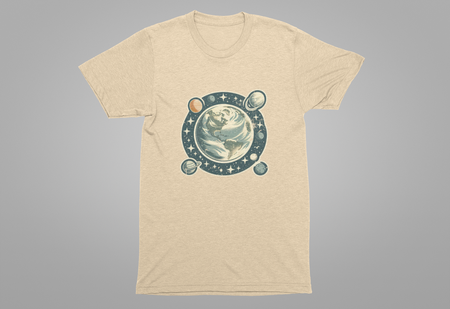 Earth Was Cool Tshirt – Gray Earth with Circular Planets and Stars Design
