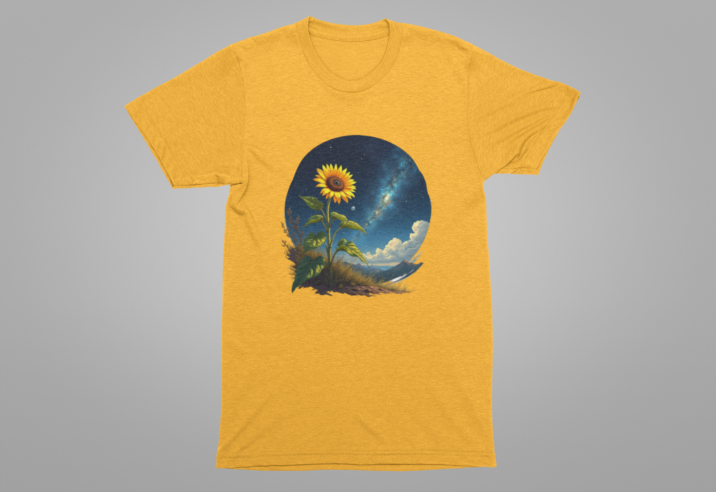 Cosmic Bloom Sunflower with Sky, Clouds & Mountains Reaction Graphic T-Shirt