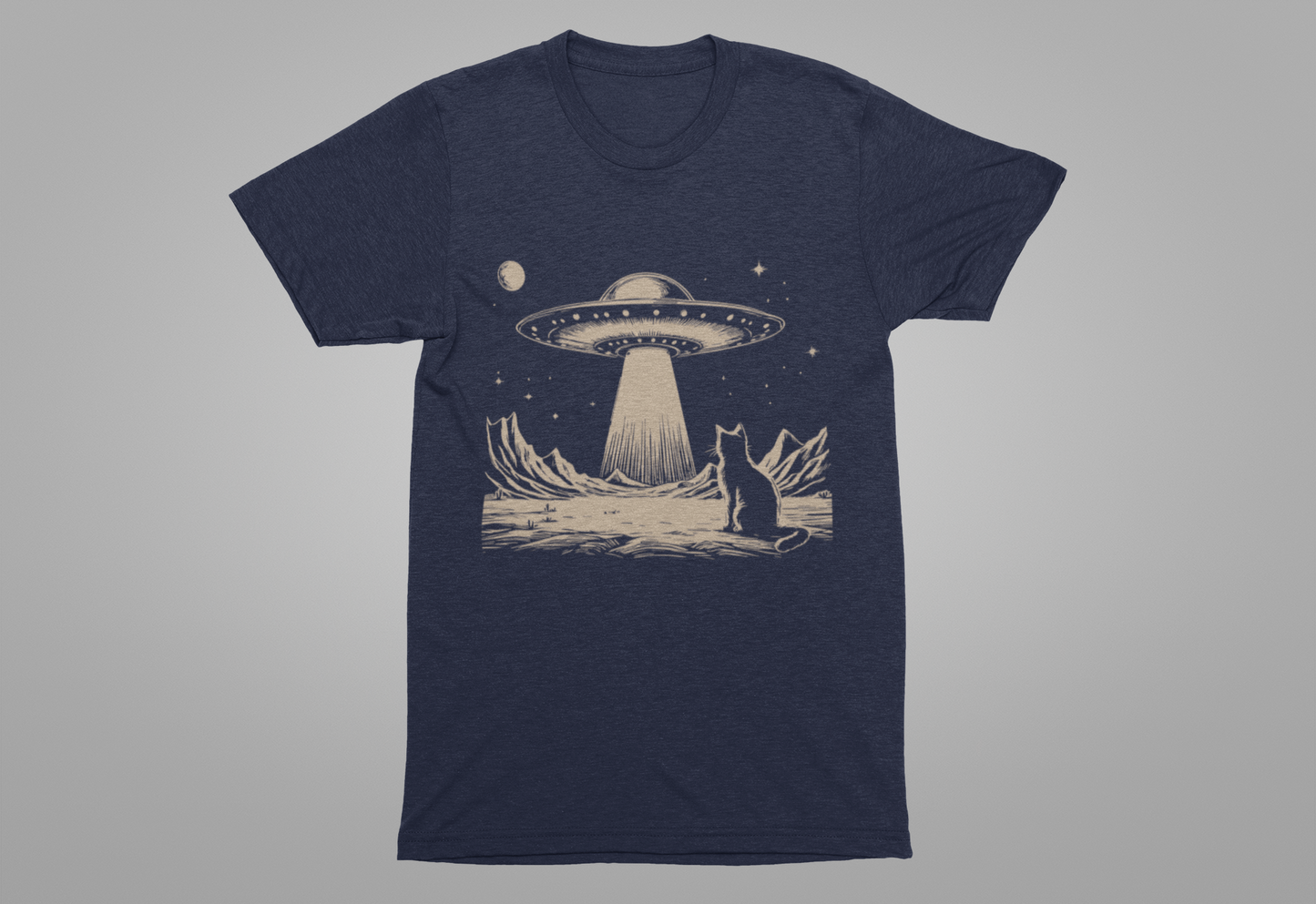 Cat Watching UFO T-Shirt – Mysterious Space Scene Graphic Tee