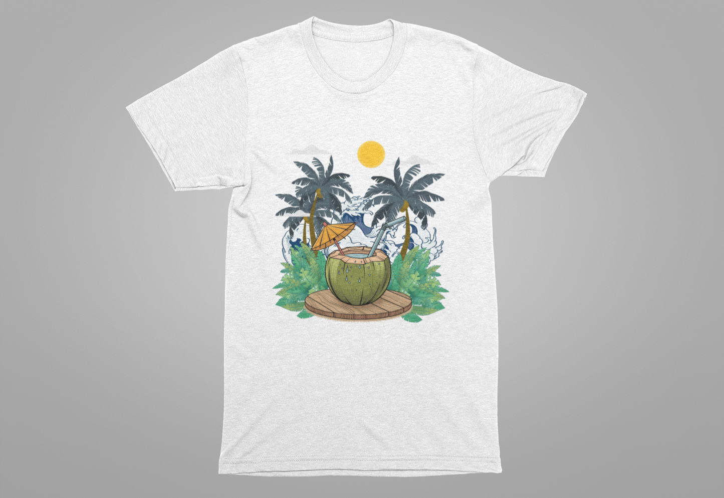 Paradise Found Tropical Refresh – Tender Coconut Drink with Palm Leaves & Ocean Waves Graphic T-Shirt