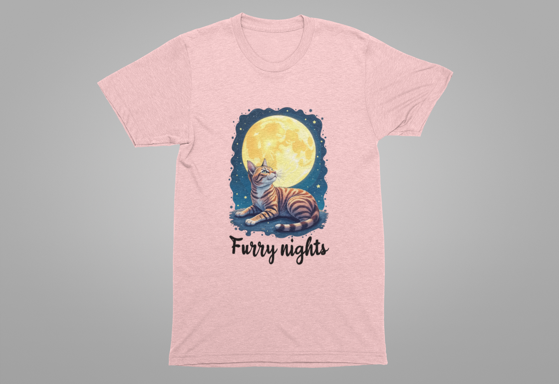 Moon Bath  - Furry Nights – Cat Watching Full Moon and Starry Sky Graphic T-Shirt