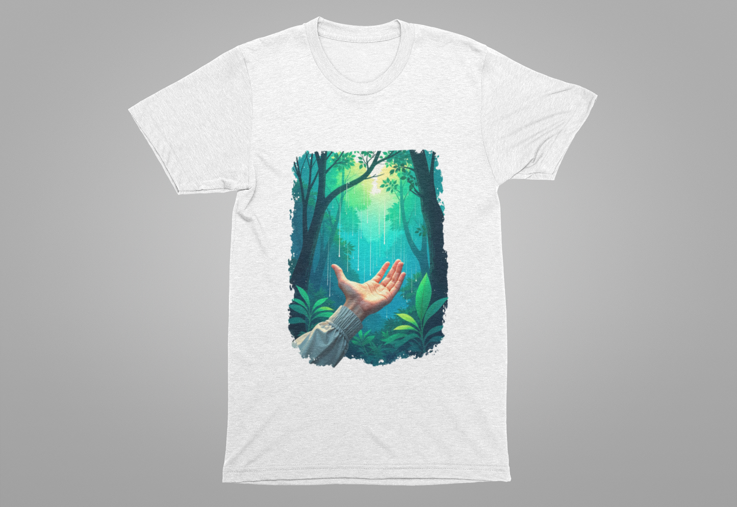 Forest Connection T-Shirt – Hand Reaching for Rain Nature Art