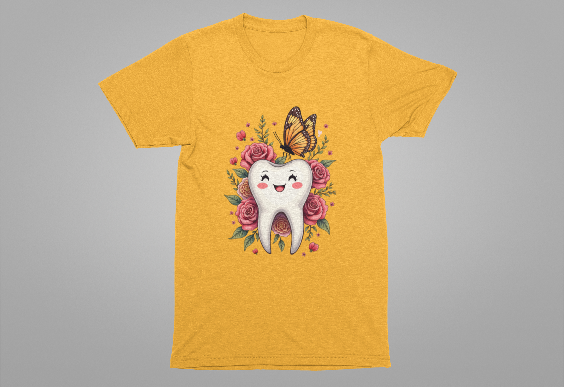 Smile T Shirt Featuring Large Smiling Tooth Surrounded by Flowers Leaves and Butterflies