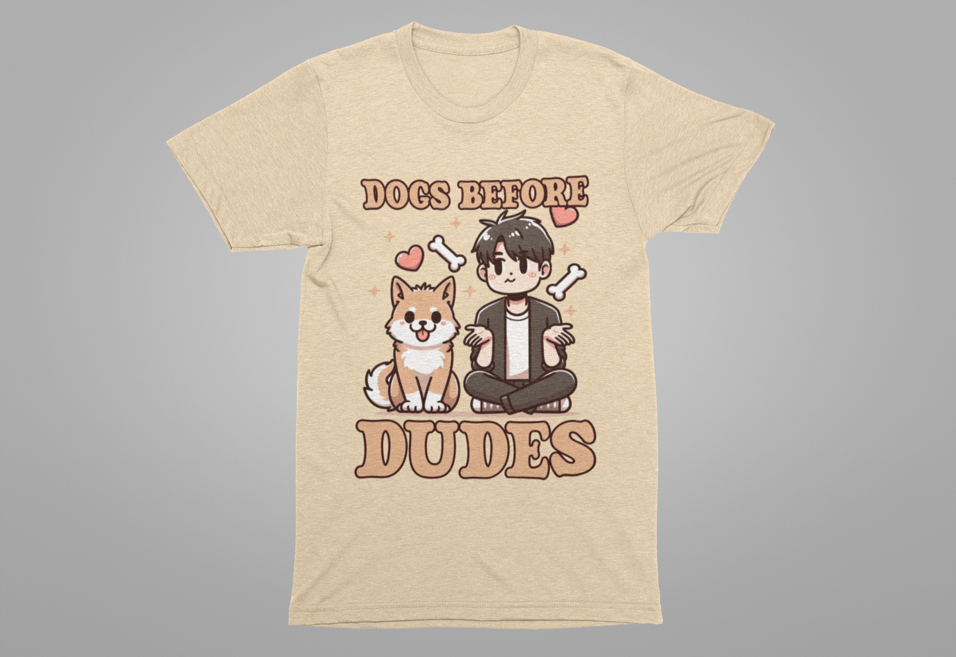 Dogs Before Dudes | Smiling Puppy & Surprised Boy with Hearts, Bones, and Stars T-Shirt