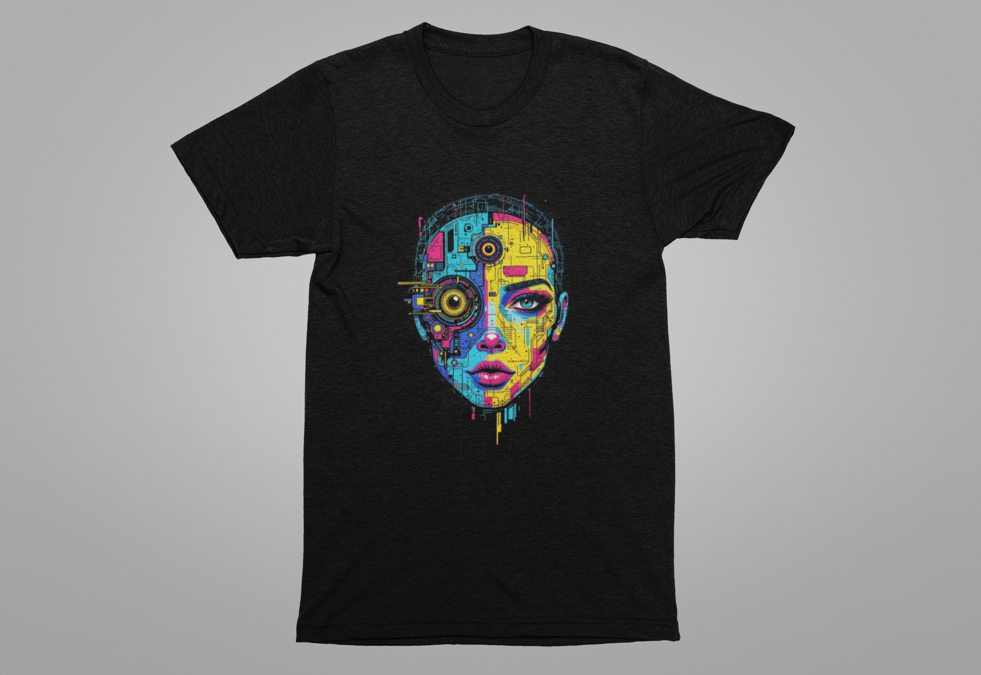 Third Eye Glitch – Robotic Woman with Circuit Face and Three Eyes Graphic T-Shirt