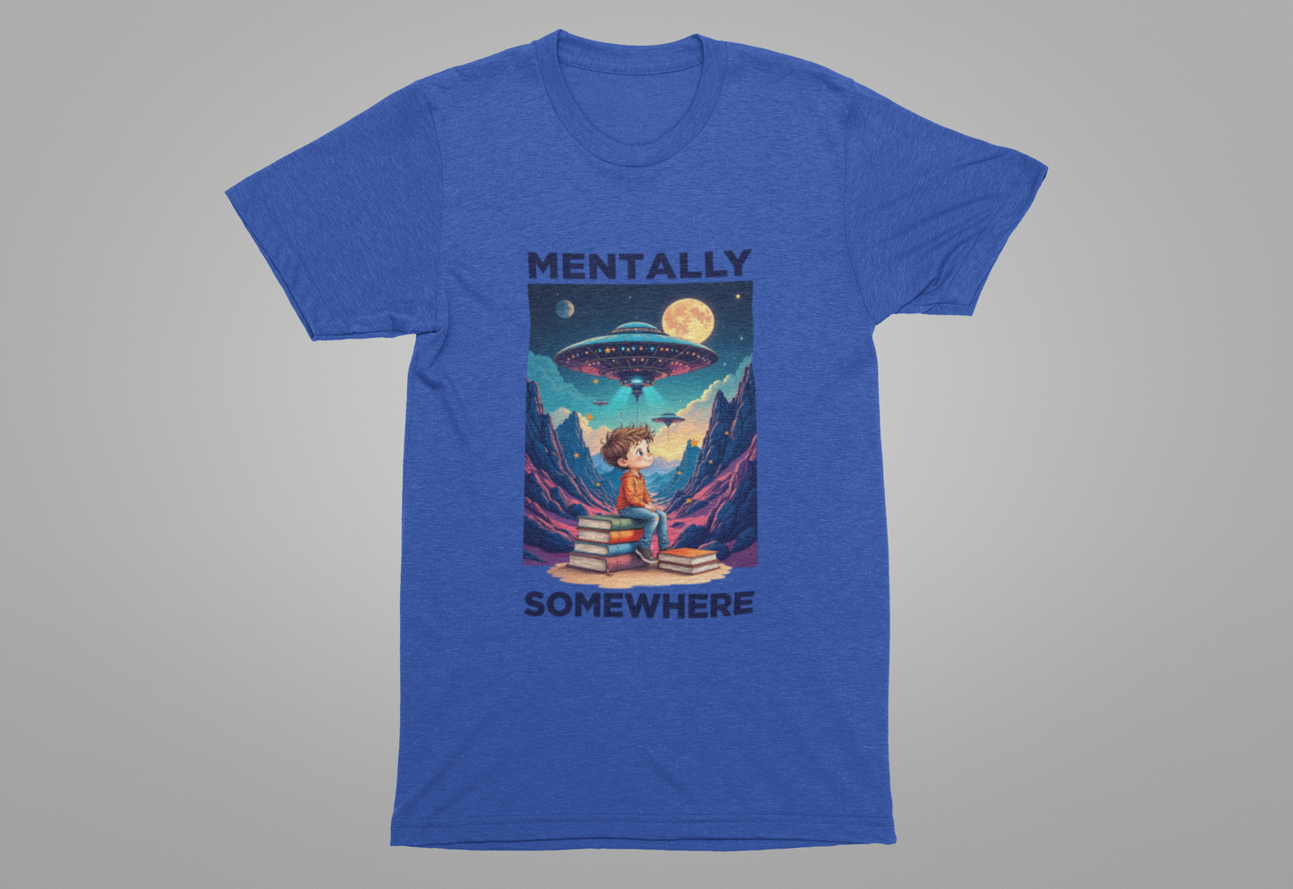 Mentally Somewhere Else – Boy on Books with Space Scene Graphic T-Shirt