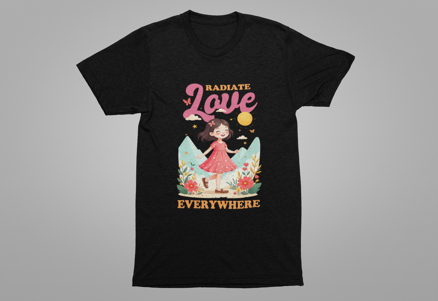 Radiate LOVE Everywhere – Happy Girl Walking in Flower Garden with Butterflies Graphic T-Shirt