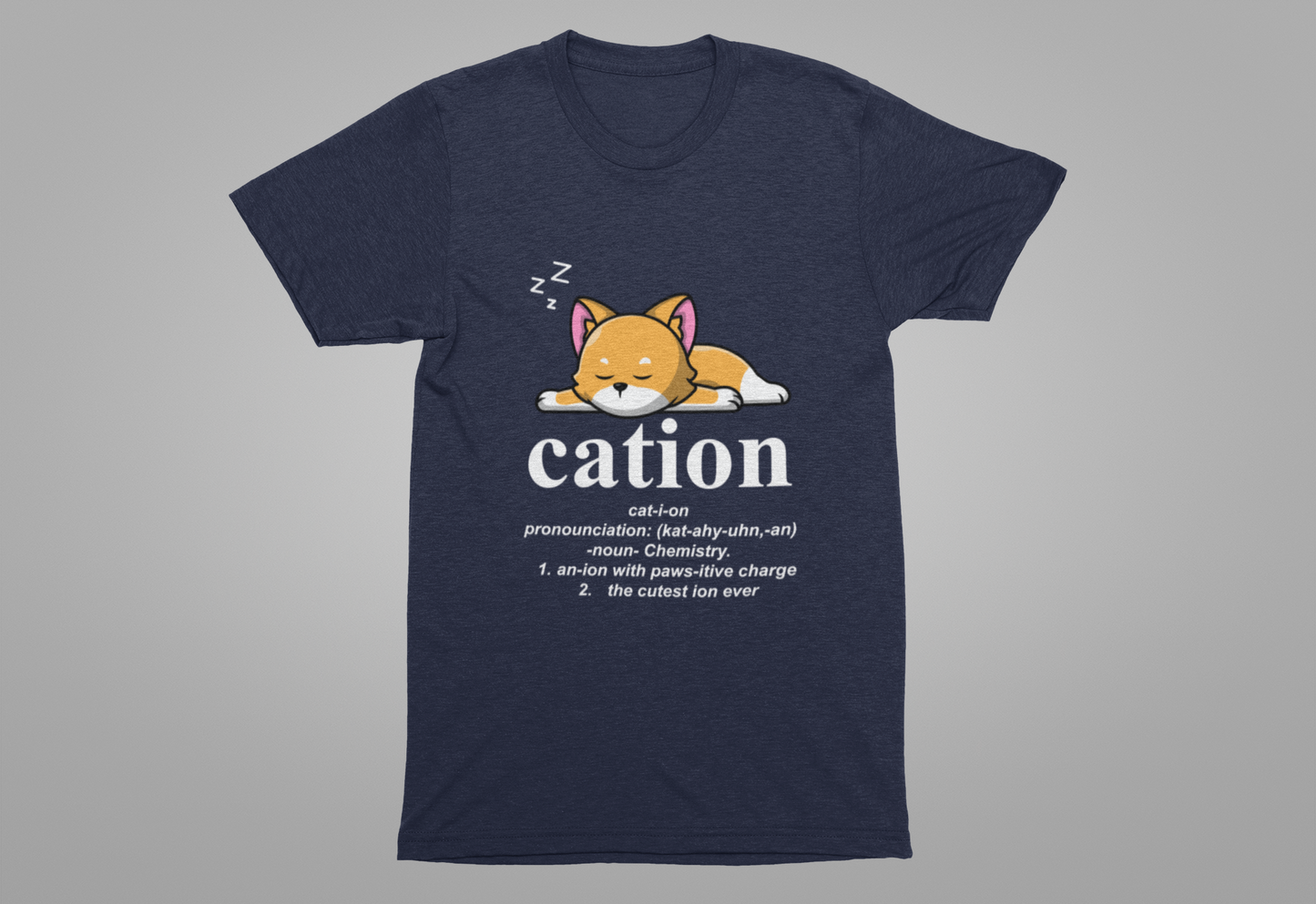 Caution Cat-i-on Tshirt – Lazy Sleepy Cat Chemistry Pun