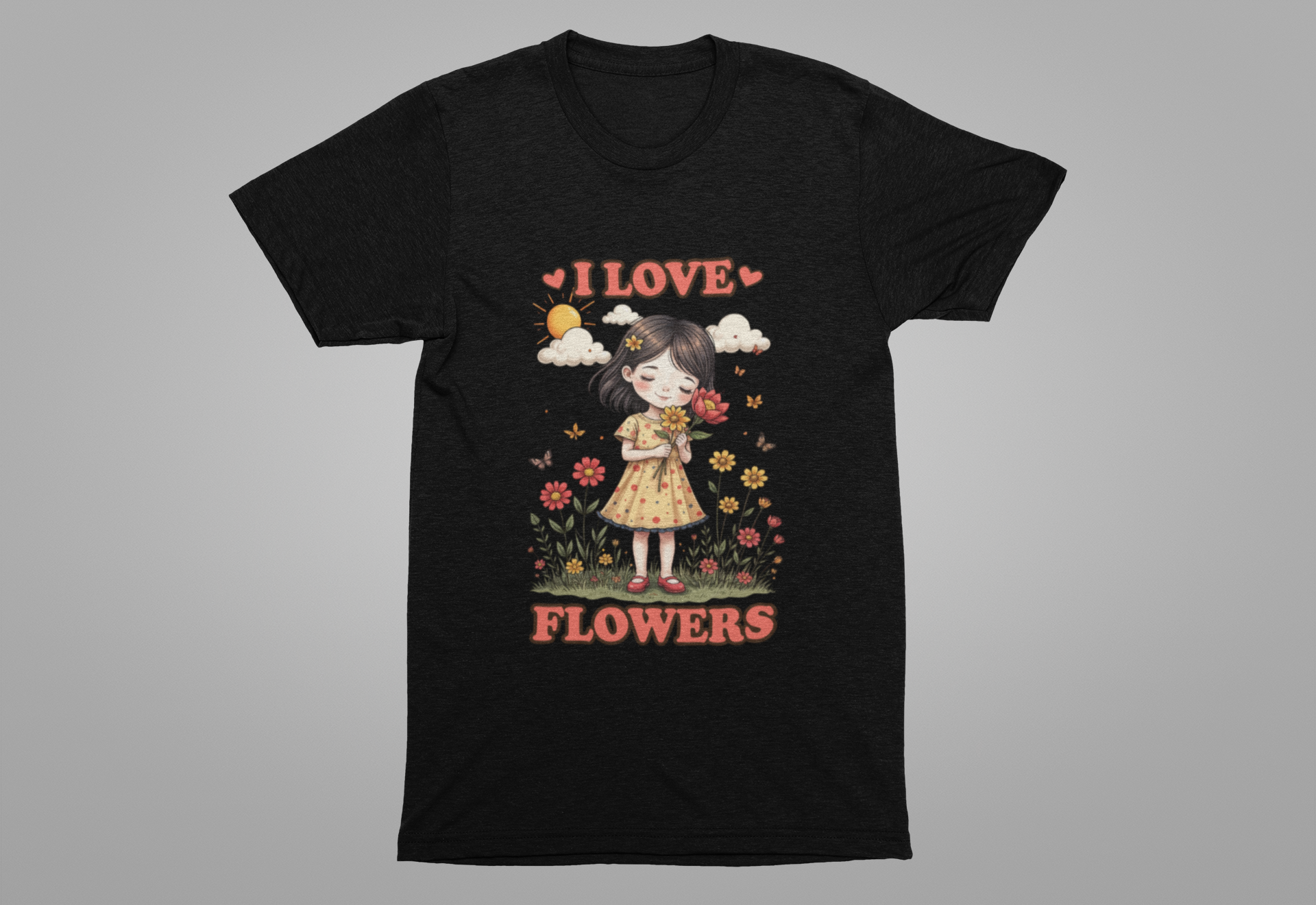 I Love Flowers T-Shirt – Cute Girl and Floral Garden Graphic Tee