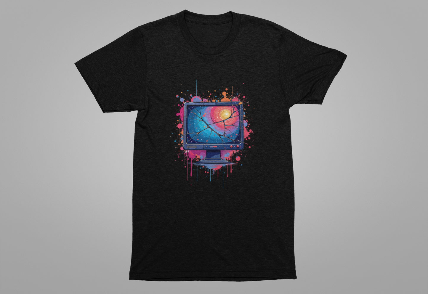 Break the System – Broken Monitor with Cracks, Gradient Screen & Color Splash Graphic T-Shirt